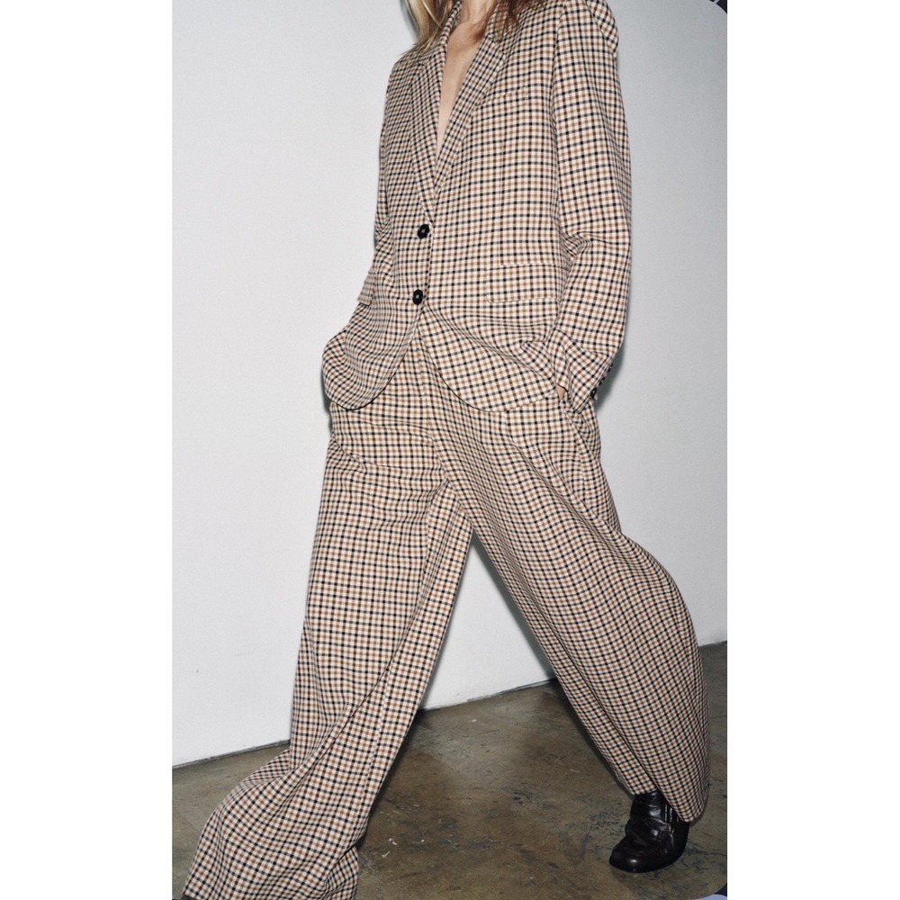 ZARA ZW Plaid Suit XL Check Blazer Pleated Barrel Wide Leg Pant Set Academia 90s